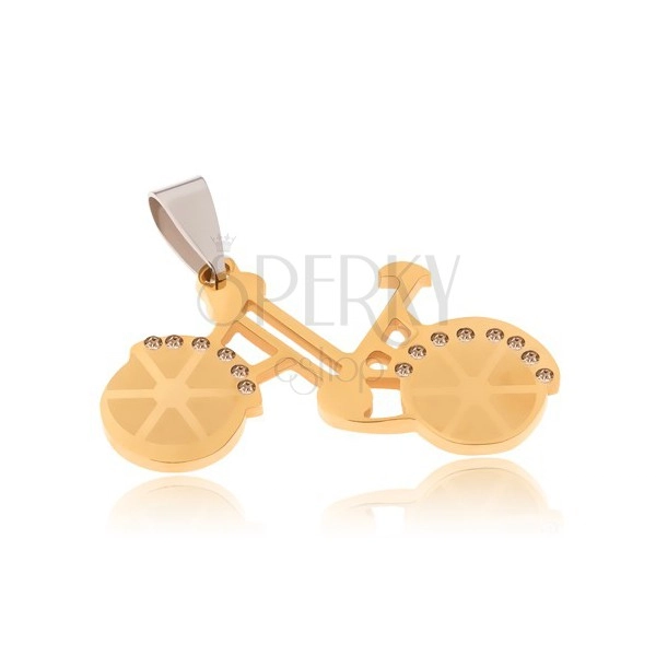 Prívesok z chirurgickej ocele - bicykel zlatej farby, číre zirkóny
