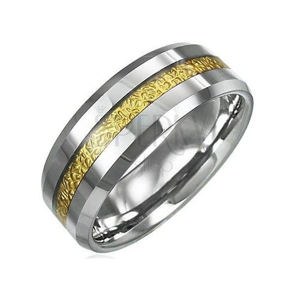 Tungstenový prsteň so vzorovaným pruhom zlatej farby, 8 mm