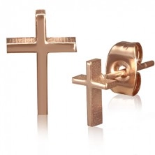 Puzetové náušnice zlatej farby z chirurgickej ocele, kríž