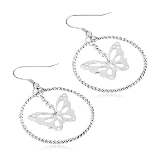 E-shop Šperky Eshop - Visiace náušnice z chirurgickej ocele, motýle v kruhoch S38.03