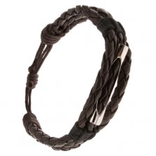 Náramok - tri čokoládovohnedé pletence, čierna šnúrka, rúrka