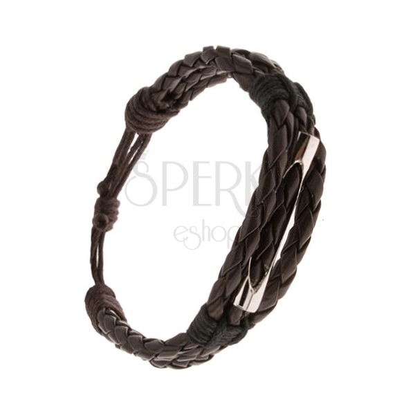 Náramok - tri čokoládovohnedé pletence, čierna šnúrka, rúrka