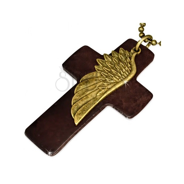 Náhrdelník - hnedý kožený kríž, krídlo, armádna retiazka