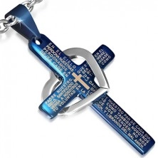 Oceľový prívesok - modrý kríž s modlitbou, obrys srdca striebornej farby