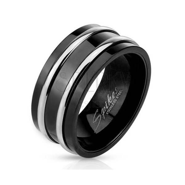 Oceľový prsteň čiernej farby - dve tenké lesklé obruče striebornej farby