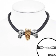 Čierny koženkový náhrdelník, dve lebky, čínsky drak zlatej farby
