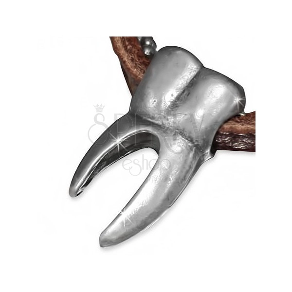 Kožený náhrdelník - hnedý pruh, armádna retiazka, črenový zub