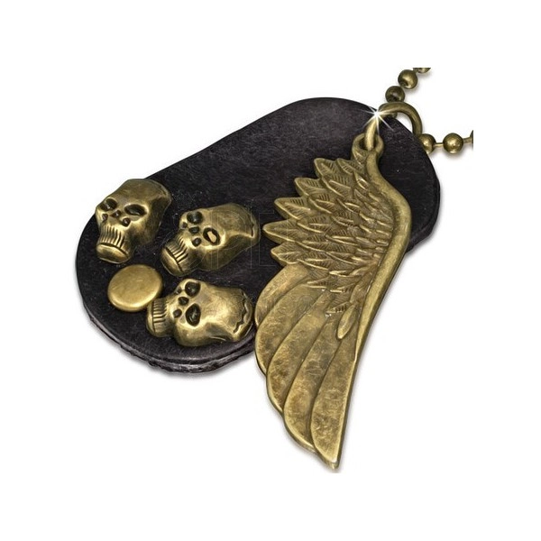 Náhrdelník - hnedá kožená oválna známka, krídlo, lebky, retiazka