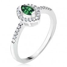 Strieborný prsteň 925 - elipsovitý zelený kamienok, zirkónová kontúra