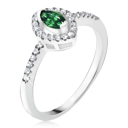 Strieborný prsteň 925 - elipsovitý zelený kamienok, zirkónová kontúra - Veľkosť: 54 mm
