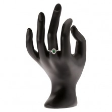Strieborný prsteň 925 - elipsovitý zelený kamienok, zirkónová kontúra