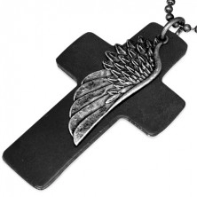 Náhrdelník - čierny kožený kríž, krídlo, matná armádna retiazka