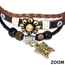Multináramok - hnedý pás kože, pletenec, šnúrky, kvet a motýľ