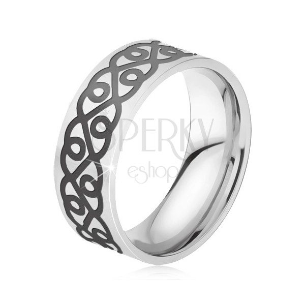 Oceľový prsteň - obrúčka striebornej farby, hrubý čierny ornament, srdcia