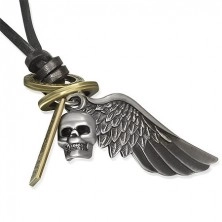 Kožený náhrdelník, čierny pruh, lebka, krídlo, obruče a známka