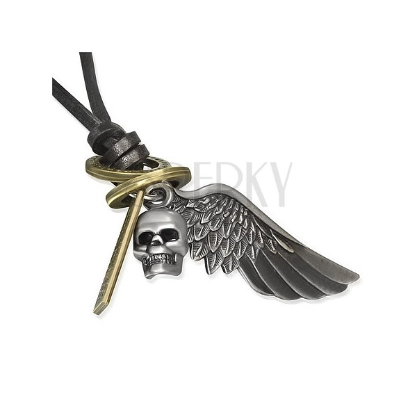 Kožený náhrdelník, čierny pruh, lebka, krídlo, obruče a známka