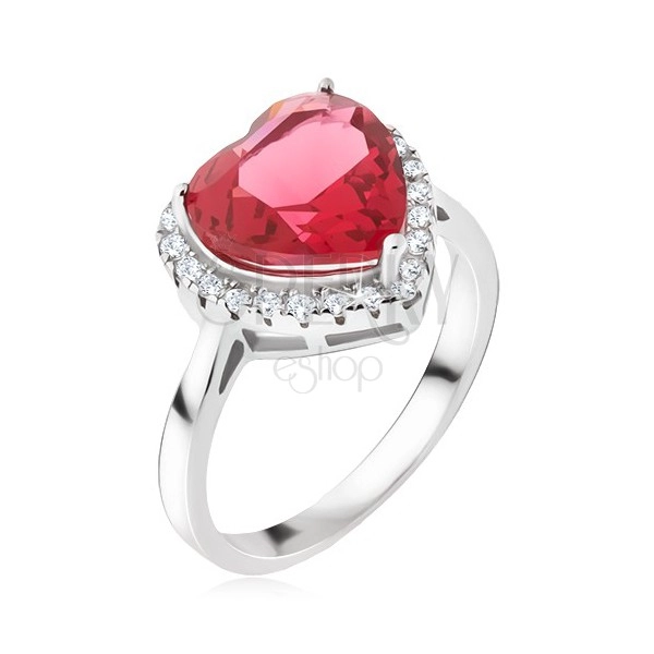 Strieborný prsteň 925 - veľký červený srdcový kameň, zirkónový lem