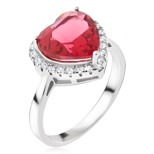Strieborný prsteň 925 - veľký červený srdcový kameň, zirkónový lem - Veľkosť: 59 mm