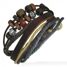 Multináramok - čokoládový pás kože, šnúrky, korálky z dreva a kovu, kamienok
