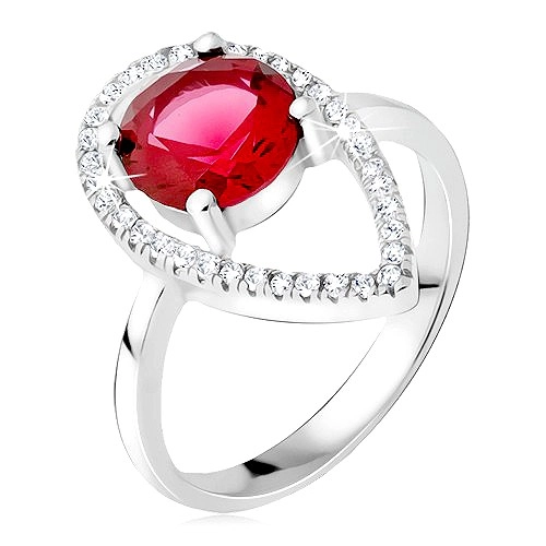Strieborný prsteň 925 - okrúhly červený kameň, slzičková kontúra zo zirkónov - Veľkosť: 55 mm