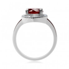 Strieborný prsteň 925 - okrúhly červený kameň, slzičková kontúra zo zirkónov