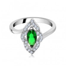 Strieborný prsteň 925 - elipsovitý kamienok zelenej farby, zirkónová kontúra