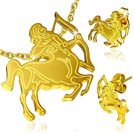E-shop Šperky Eshop - Oceľová sada zlatej farby, náušnice a prívesok, znamenie Strelec S47.02
