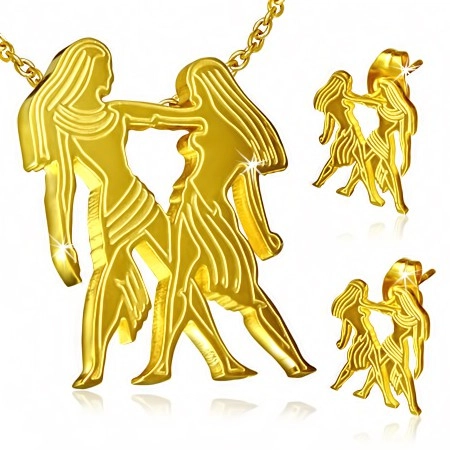 E-shop Šperky Eshop - Oceľový set zlatej farby, náušnice a prívesok, znamenie Blíženci S47.06