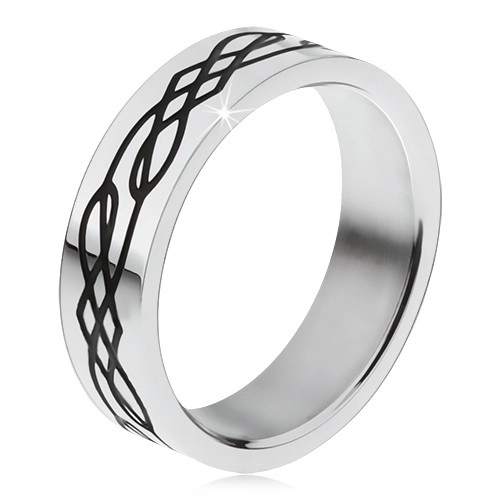 Oceľový prsteň, rovný povrch, čierna zvlnená línia a kosoštvorce - Veľkosť: 54 mm