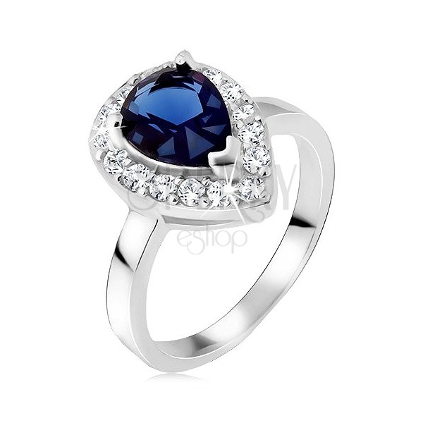 Strieborný prsteň 925, modrý slzičkový kameň so zirkónovým lemom