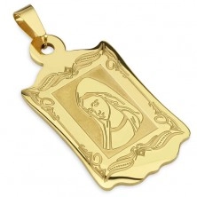 Medailón zlatej farby z ocele, ozdobne gravírovaný s portrétom Madony