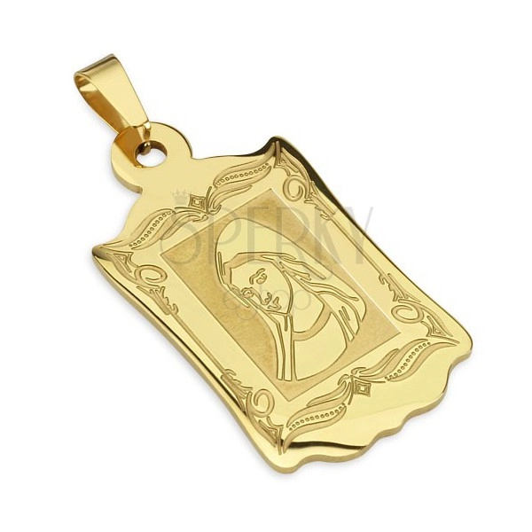 Medailón zlatej farby z ocele, ozdobne gravírovaný s portrétom Madony