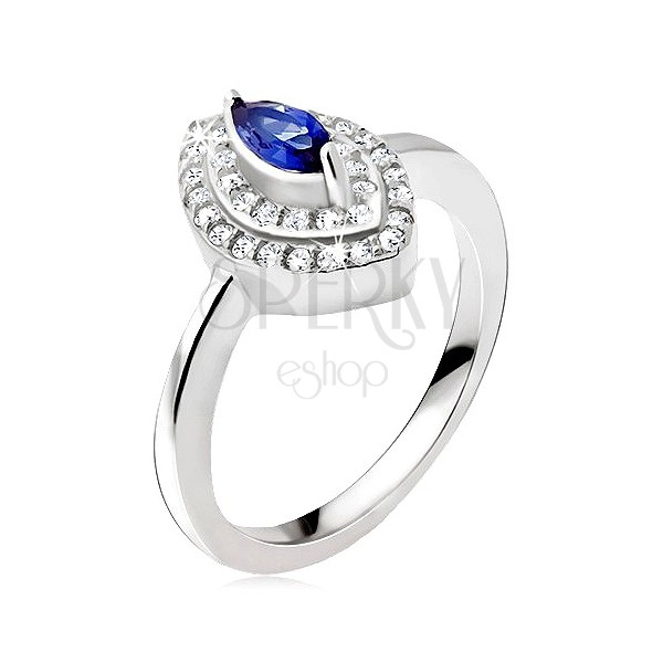 Strieborný prsteň 925, modrý zrnkový kamienok, zirkónová elipsa