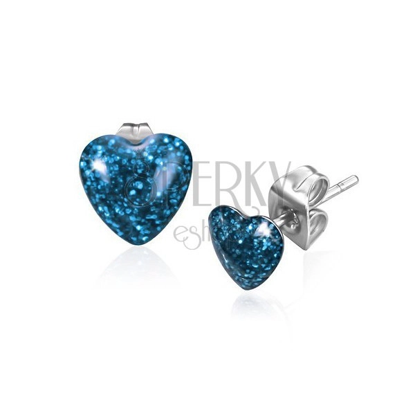 Náušnice z ocele, symetrické trblietavé srdce modrej farby
