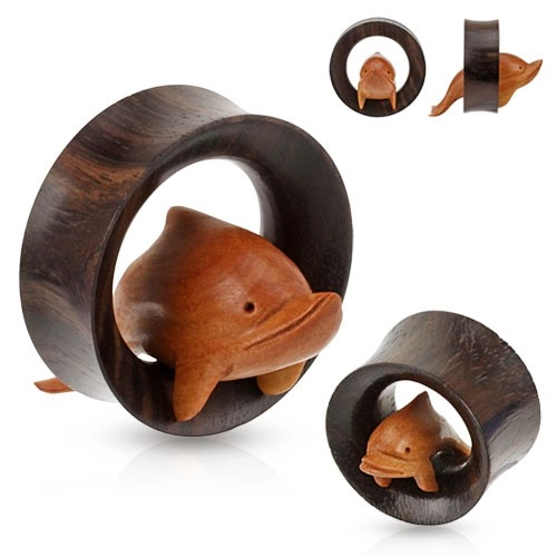 Hnedý drevený tunel do ucha, delfín skáčuci cez obruč - Hrúbka: 22 mm