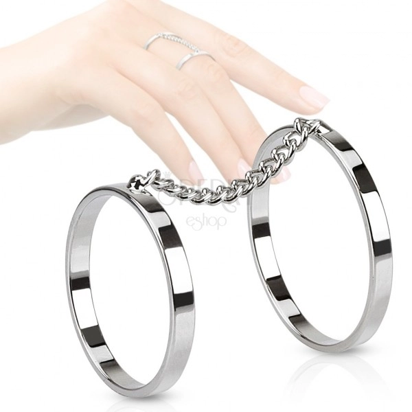 Dvojitý prsteň z ocele, ródiované obrúčky spojené retiazkou