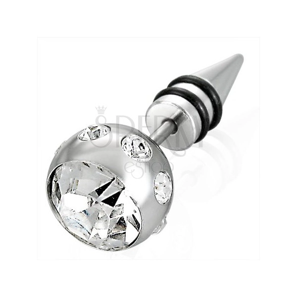 Falošný piercing v striebornej farbe - veľká guľa so zirkónom, špic s dvoma čiernymi gumičkami