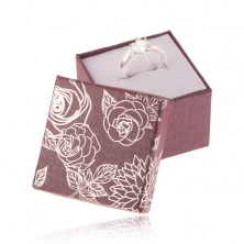 Trblietavá fialová krabička na prsteň, strieborná ilustrácia kvetov