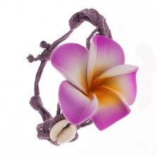 Fialový náramok - zapletané motúziky, kvet, lesklé ulity