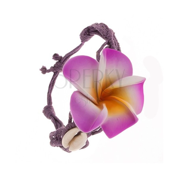 Fialový náramok - zapletané motúziky, kvet, lesklé ulity