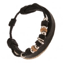 Multináramok - čierny pás kože, čierna a hnedá šnúrka, ozdobné korálky