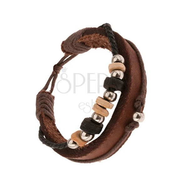 Multináramok - orieškový pás kože, šnúrky, krúžky z dreva a kovu