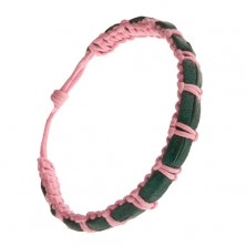 Pletený ružový náramok, dva tmavozelené prúžky kože na povrchu
