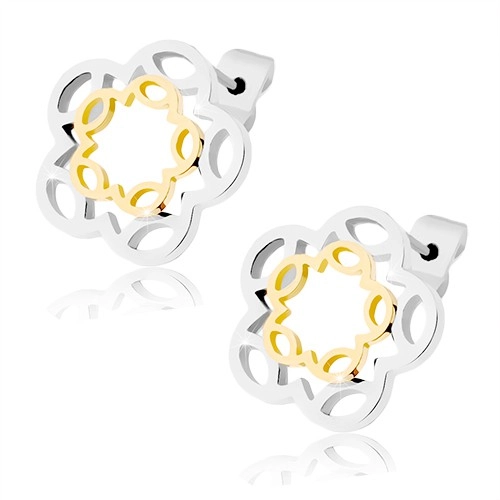 Šperky Eshop - Puzetové náušnice z ocele, kontúra kvetu zlatej a striebornej farby S54.16