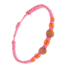 Pletený ružový náramok, oranžové korálky a guličky z dreva