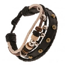 Multináramok - čierny kožený pás a pletenec, šnúrky, kruhové ozdoby