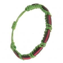 Pletený zelený šnúrkový náramok, čierny, ružový a zelený prúžok kože