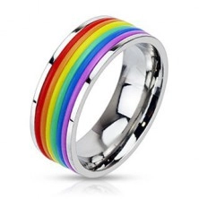 Lesklý oceľový prsteň s gumenými pásikmi vo farbách dúhy