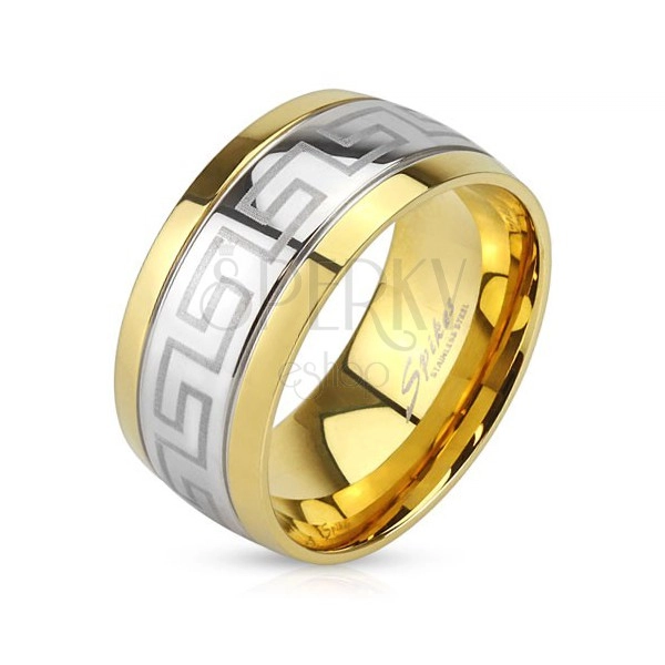 Oceľový prsteň, línia gréckeho kľúča, okraje zlatej farby