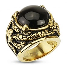 Mohutný prsteň zlatej farby z chirurgickej ocele, ónyx v dračích pazúroch